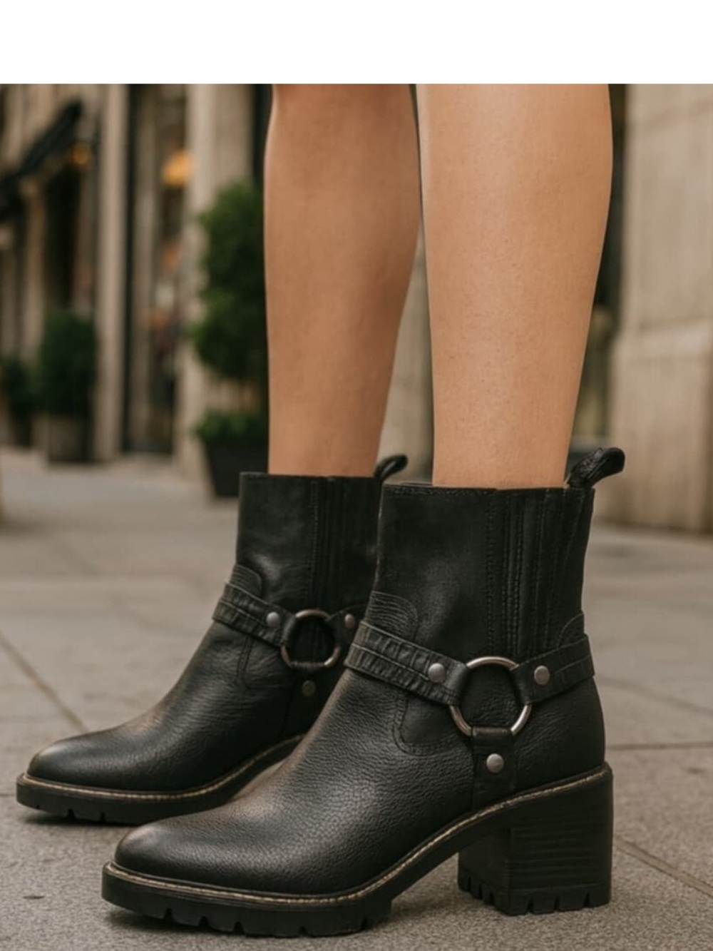 Donald Pliner Mai Black Leather Boot Moto Harness Block Heel